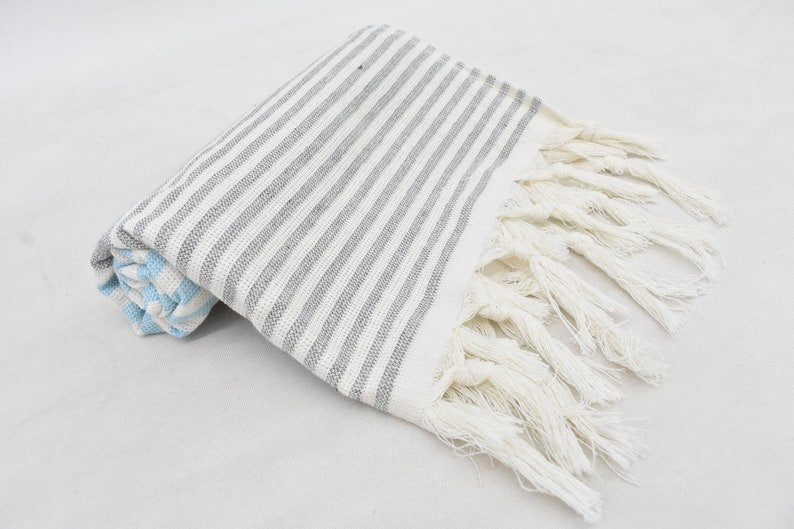 Turquoise Gray Face Towel Organic Peshkir Turkish Towel - 90 CM X 45 CM