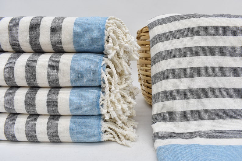 Gray Turquoise Terry Bath Towel Organic Turkish Cotton - 63" X 40"