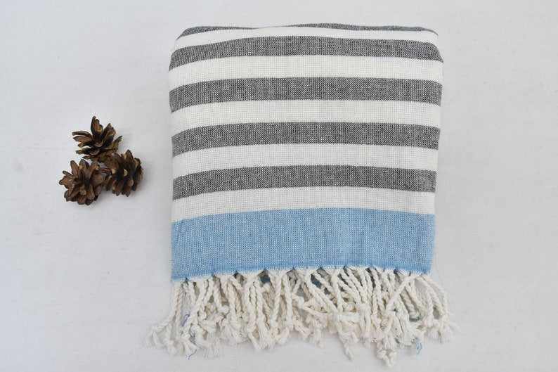 Gray Turquoise Terry Bath Towel Organic Turkish Cotton - 63" X 40"