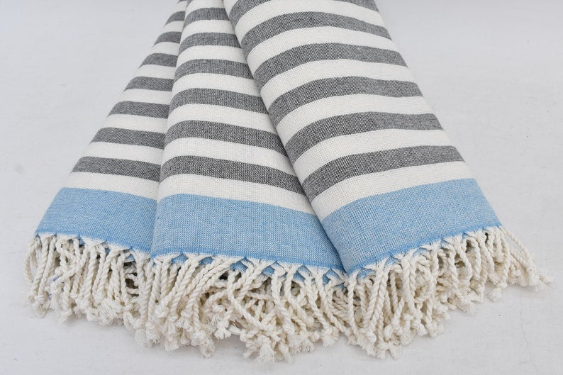 Gray Turquoise Terry Bath Towel Organic Turkish Cotton - 63" X 40"