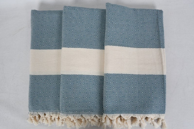 Diamond Teal Bath & Hand Towel Organic Turkish Cotton - 70" X 40" - 36" X 20"