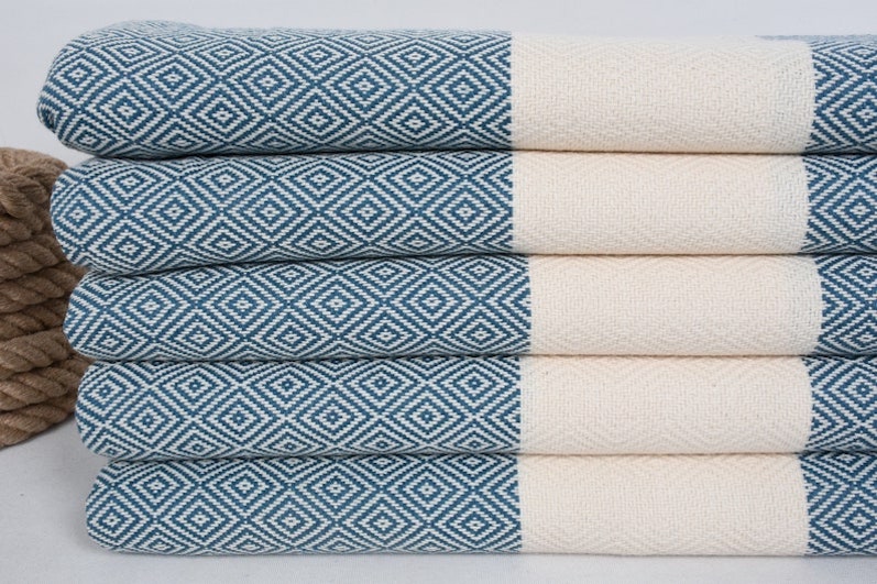 Diamond Teal Bath & Hand Towel Organic Turkish Cotton - 70" X 40" - 36" X 20"