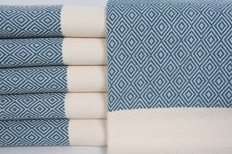 Diamond Teal Bath & Hand Towel Organic Turkish Cotton - 70" X 40" - 36" X 20"