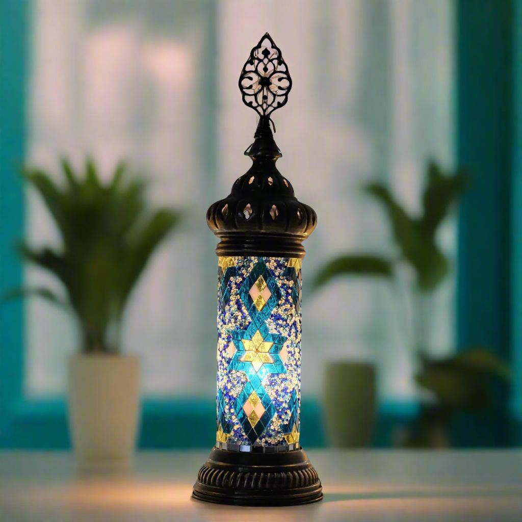 Cylinder Mosaic Turkish Glass Lamp Table Top Lamp - 7X20 CM