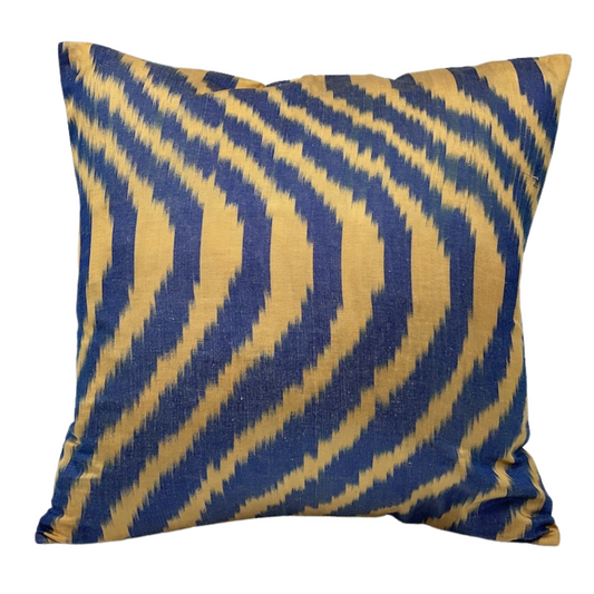 One Side IKAT Cotton Silk Mix Cushion Cover - Caramel Indigo Waves