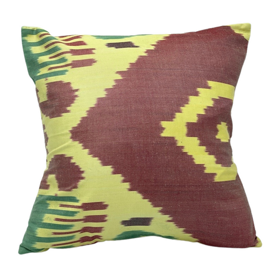 One Side IKAT Cotton Silk Mix Cushion Cover - Wine Lime Half Diamond