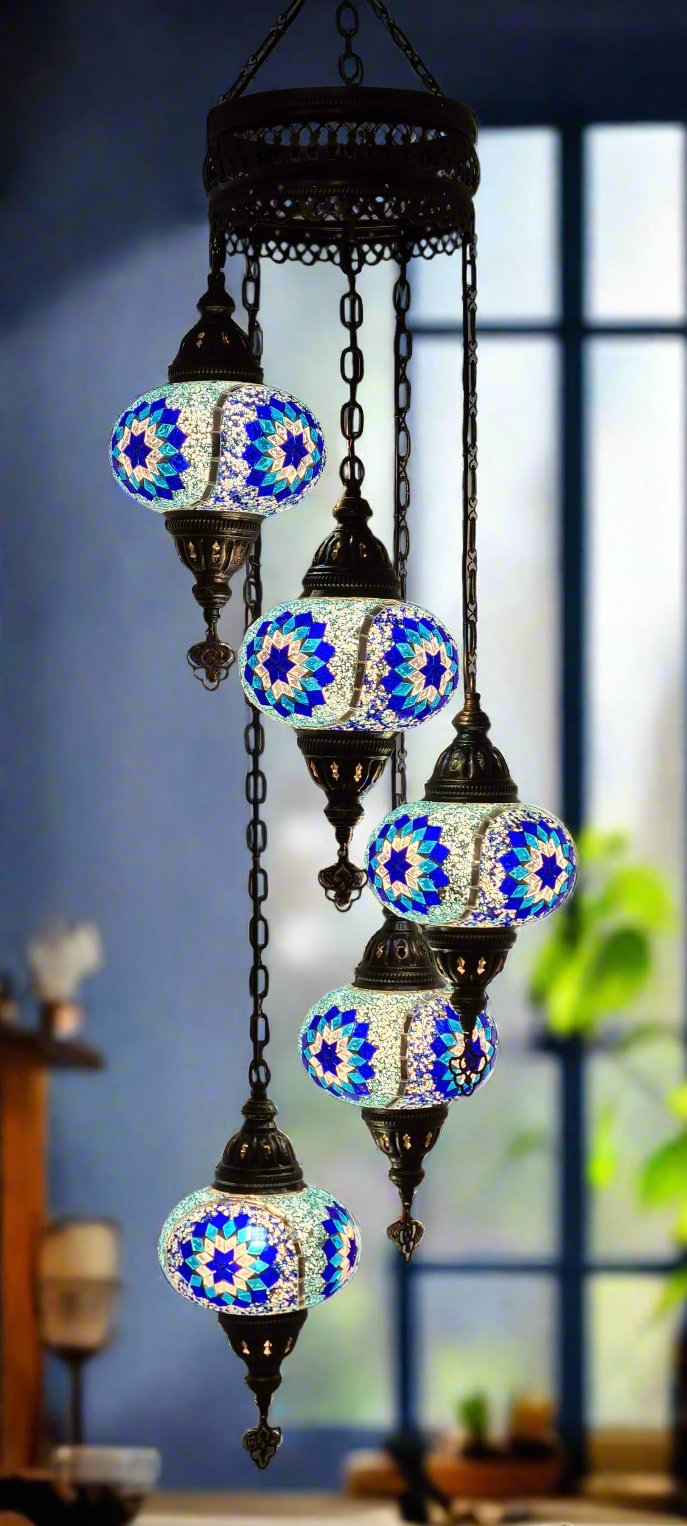 Spiral Chandelier 5 Mosaic Glass Turkish Ceiling Lamps - LUMINA ELIGMA HOME