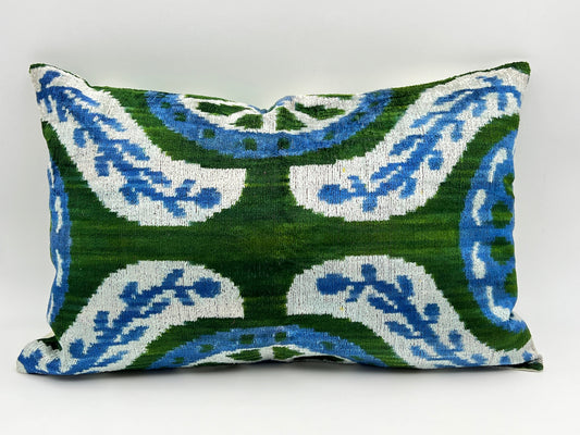 Velvet Double IKAT Silk Back Cushion 60x40 CM - Sage Blue Floral