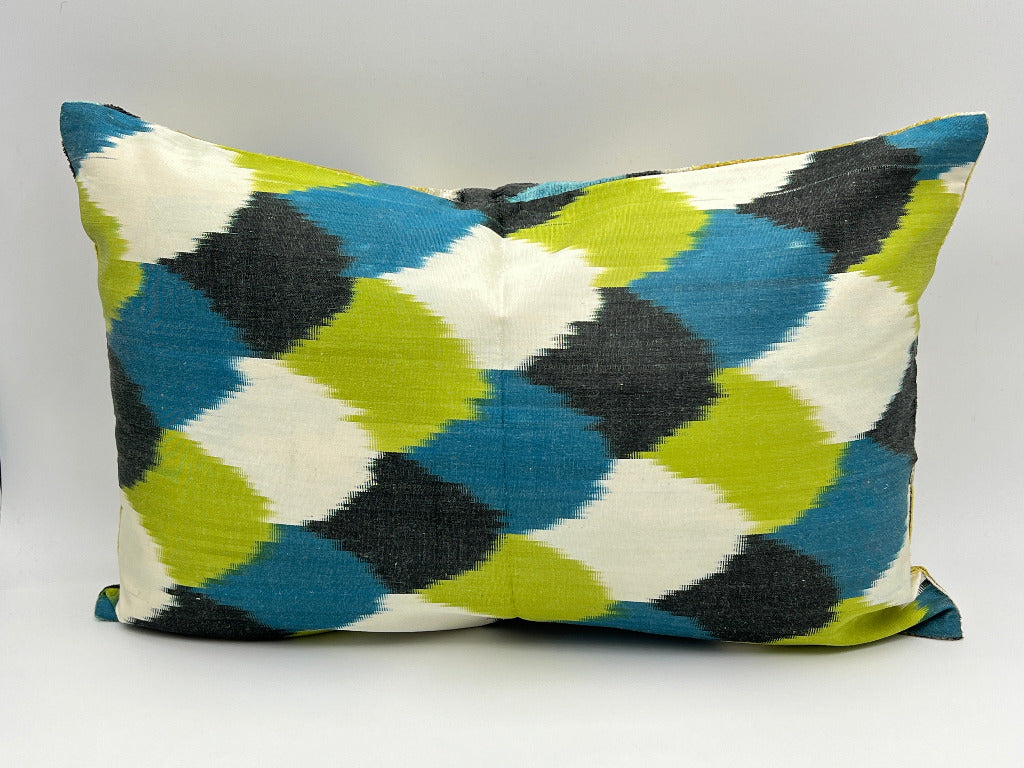 Velvet Double IKAT Silk Back Cushion 60x40 CM - Peacock Lime