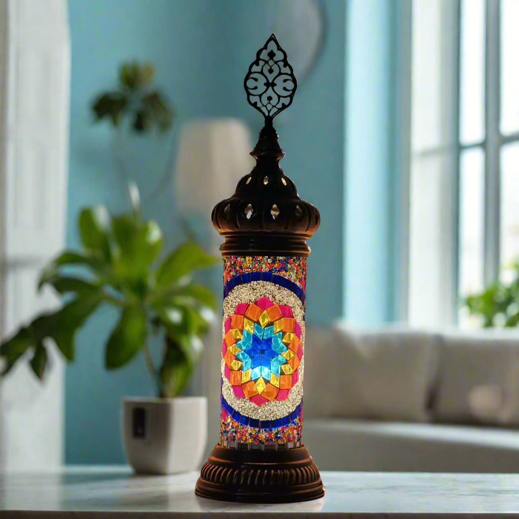 Cylinder Mosaic Turkish Glass Lamp Table Top Lamp - 7X20 CM