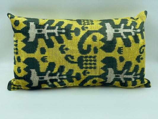 Velvet Double IKAT Silk Back Cushion 60x40 CM - Mustard Black