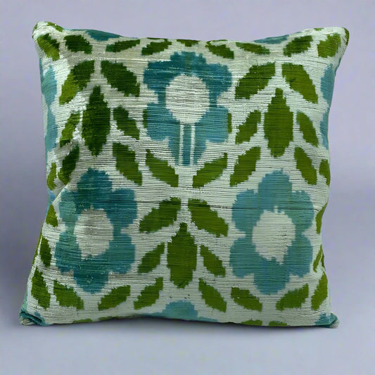 IKAT Silk Back Pillow Cover 40x40 CM  - Turquoise Flower