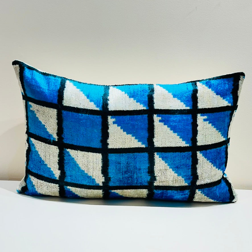 Velvet Double IKAT Silk Back Cushion 60x40 CM - Turquoise Square