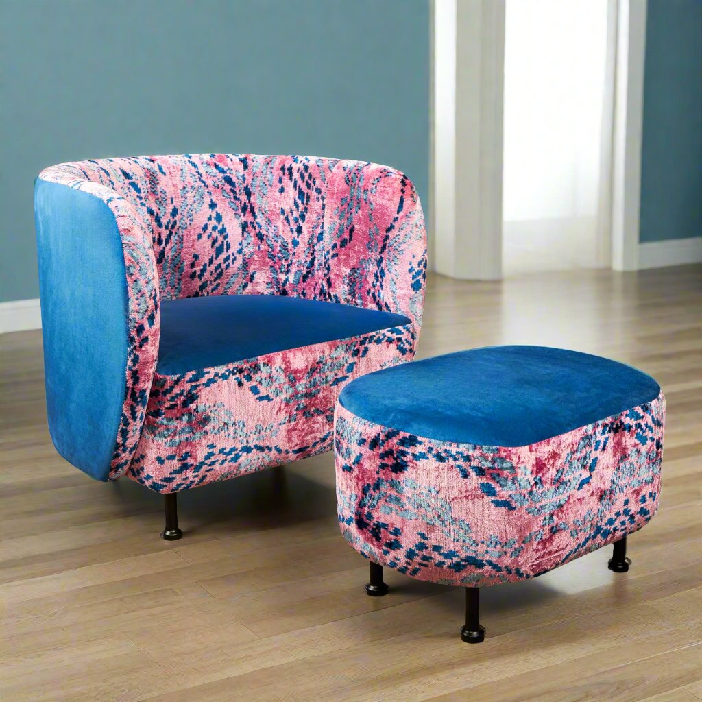 Cascade Lounge Chair with Ottoman - IKAT Pink Blue