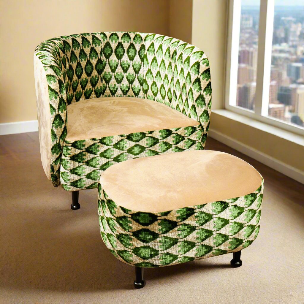 Cascade Lounge Chair with Ottoman - IKAT Green Leaf