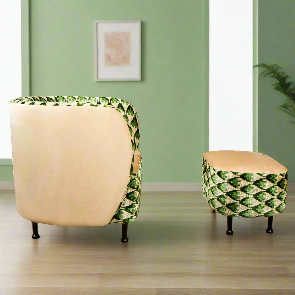 Cascade Lounge Chair with Ottoman - IKAT Green Leaf