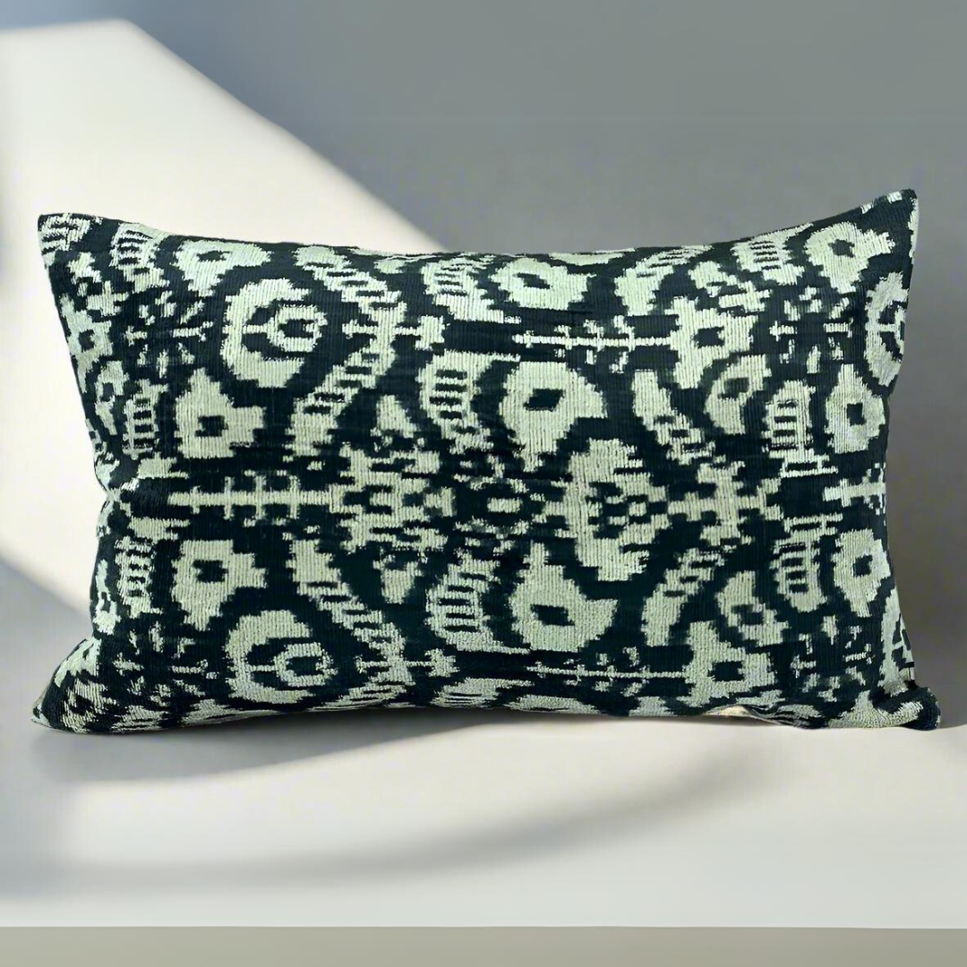 IKAT Silk Back Cushion Cover 60X40 CM - Black Cream