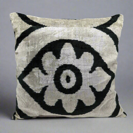 Black Carnation Cotton Back IKAT Cushion Cover Black and light gray