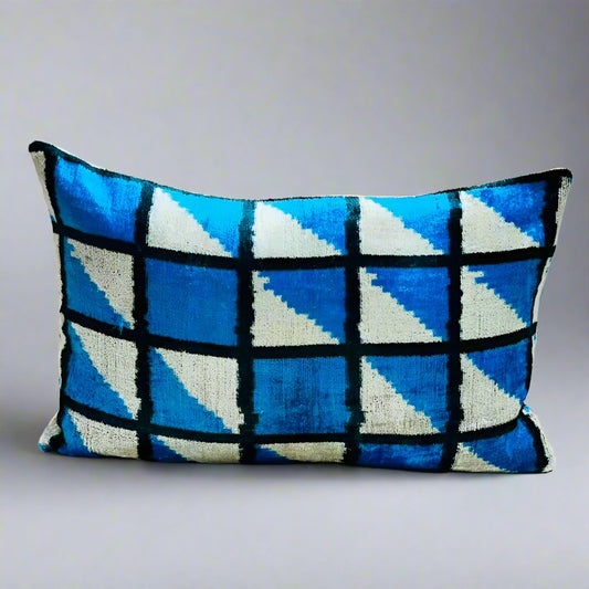 IKAT Silk Back Pillow Cover 60x40 CM - Turquoise Square