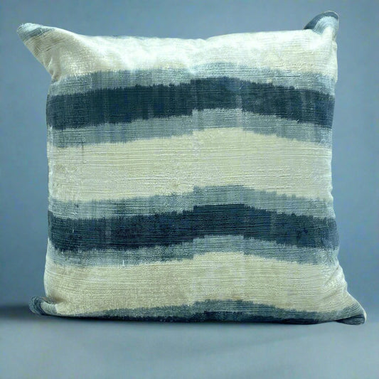 Silk Velvet IKAT pillow cover, 40x40 cm (16"x16"), handmade and hand-dyed. Made of 80% silk and 20% cotton. Hidden zipper closure. Decorative cushion cover for living room or bedroom. Pillow insert not included. beige blue velvet