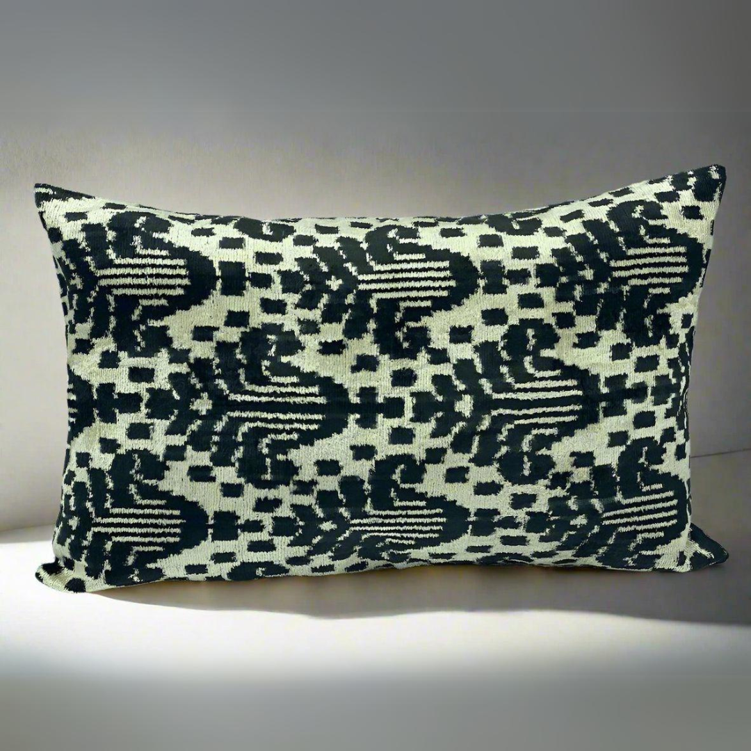 IKAT Silk Back Pillow Cover 60x40 CM - Black Cream Carnation - LUMINA ELIGMA HOME