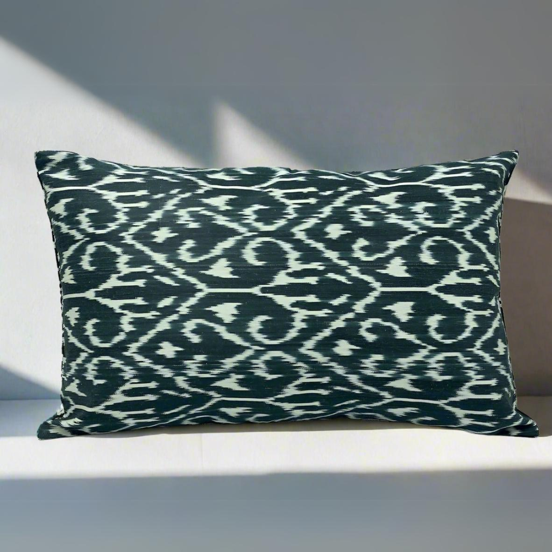 IKAT Silk Back Pillow Cover 60x40 CM - Black Cream Carnation