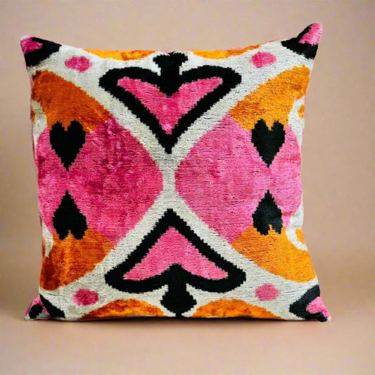 IKAT Silk Back Pillow Cover 40x40 CM - Pink Orange Hearts