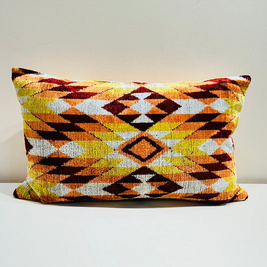 Velvet Double IKAT Silk Back Cushion 60x40 CM - Tribal Orange Brick