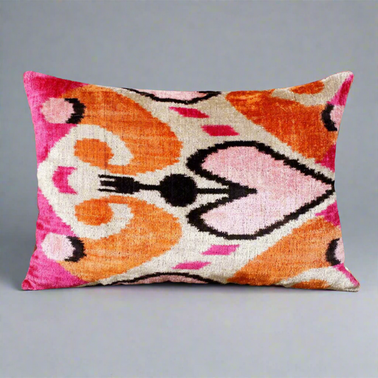 IKAT Silk Back Cushion 60x40 CM - Pink Orange Hearts