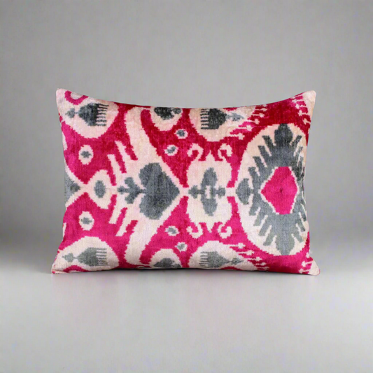 IKAT Cotton Back Cushion 60x40 CM - Hot Pink Gray