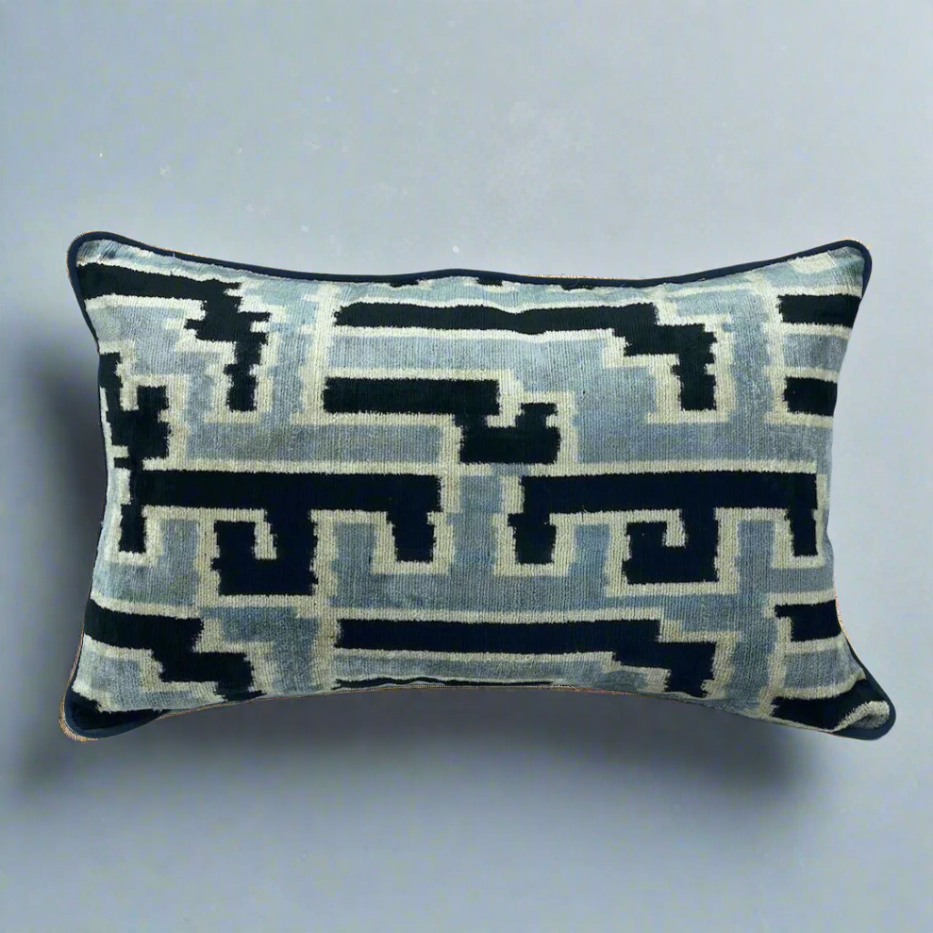 IKAT Velvet Back Pillow Cover 60x40 CM - Cyan Lines