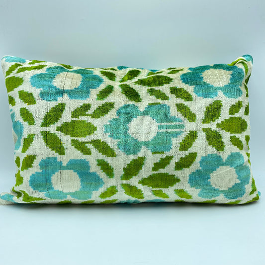 Velvet Double IKAT Silk Back Cushion (60*40) CM - Turquoise Flower