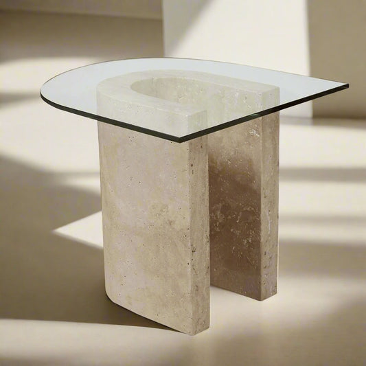 U Side Table Travertine Glass