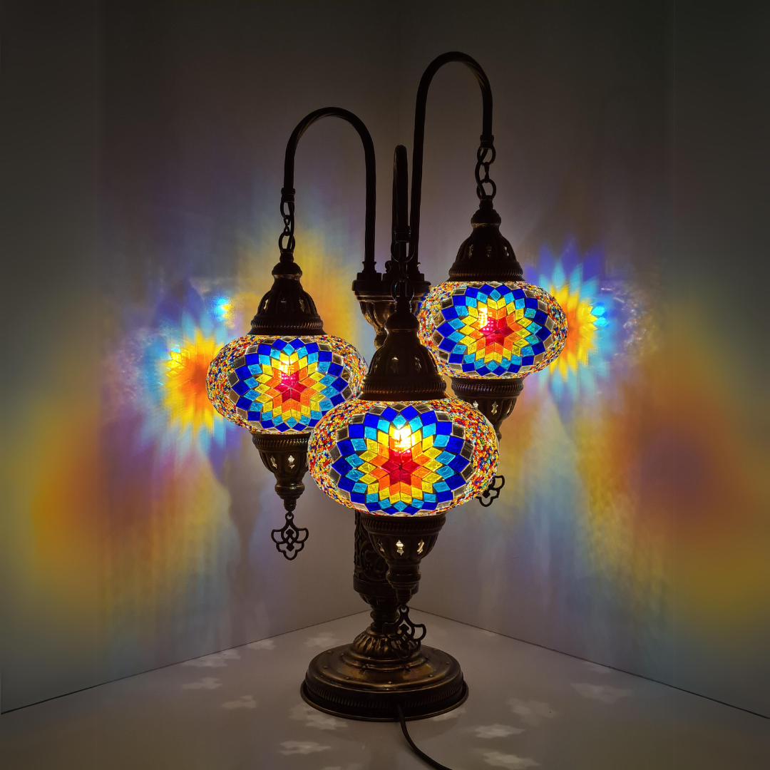 Embroidered Fountain Mosaic Glass Lamp - 3 Globes