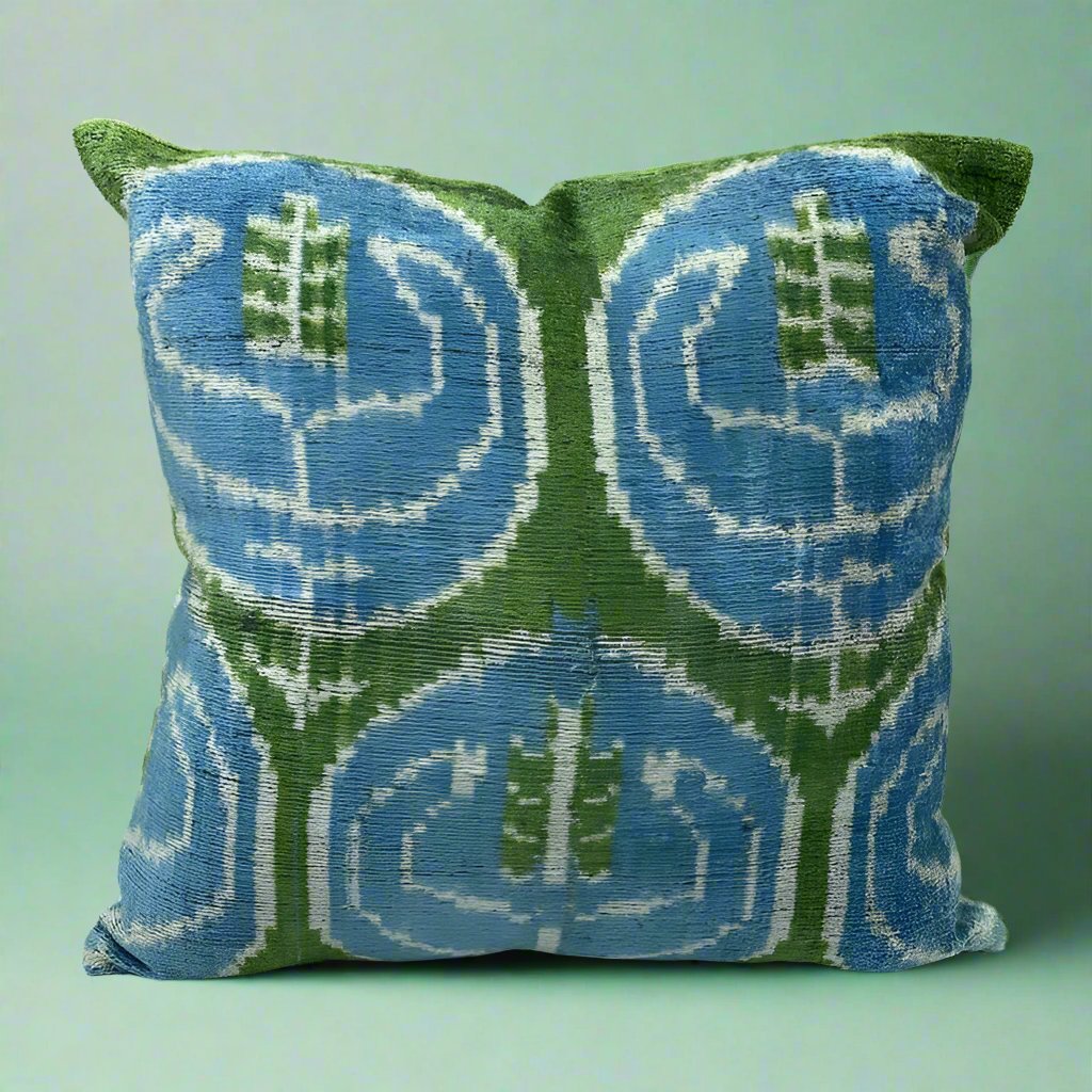 Blue IKAT Green cushion cover accent pillow. Silk velvet handmade 40x40 CM 20x20" 20"