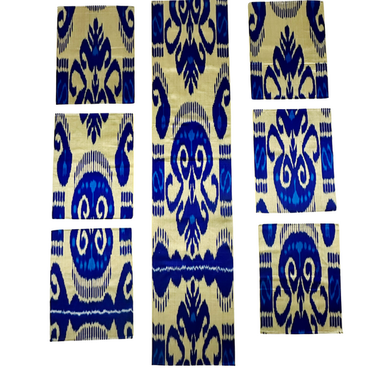 Silk Table Runner & Placemates - Blue Cream IKAT