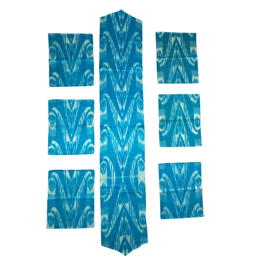 Silk Table Runner Triangle & Placemates - Blue Turquoise IKAT