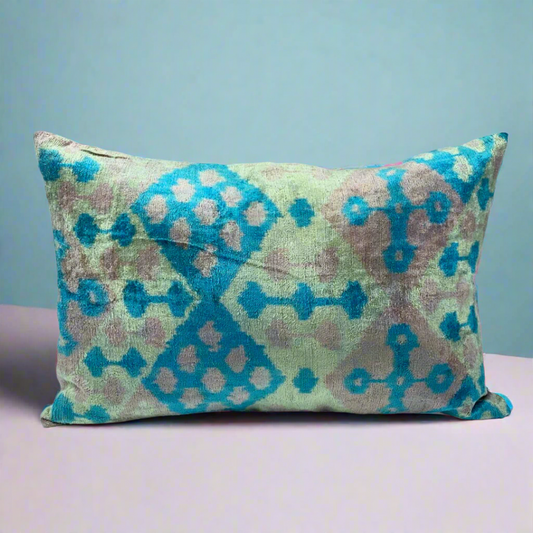 IKAT Silk Back Pillow Cover 60x40 CM - Losange Blue Pink