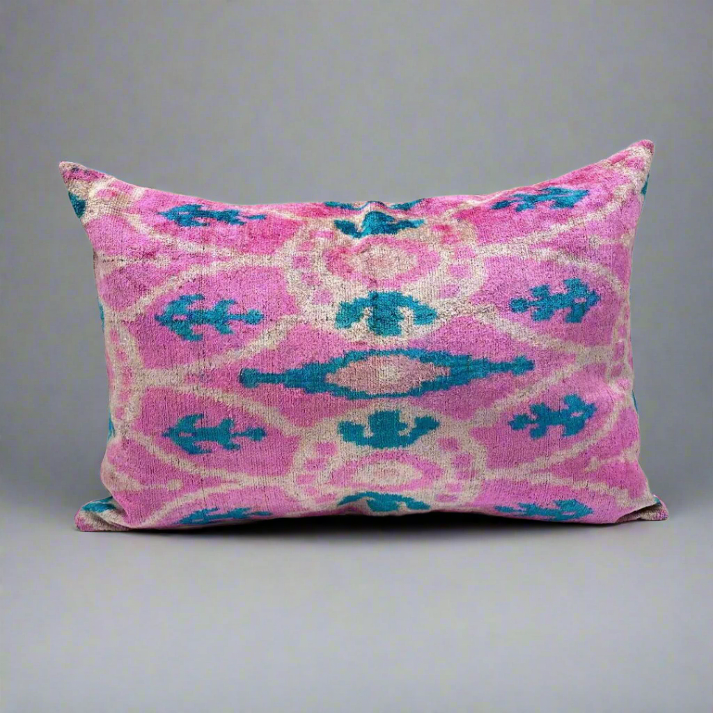 IKAT Silk Back Pillow Cover 60x40 CM - Pink Blue Eye