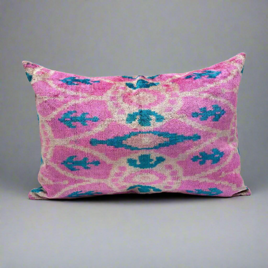 IKAT Silk Back Pillow Cover 60x40 CM - Pink Blue Eye