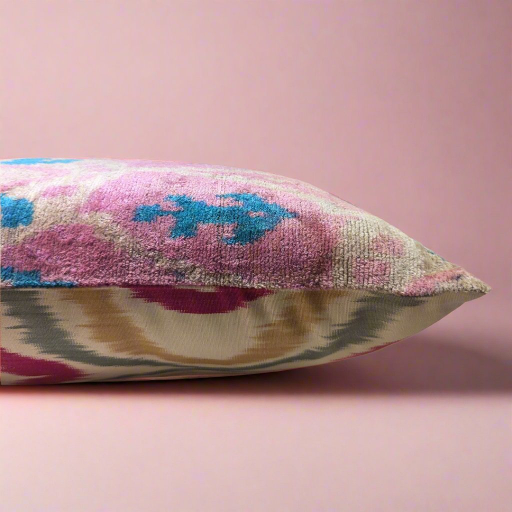 IKAT Silk Back Pillow Cover 60x40 CM - Pink Blue Eye