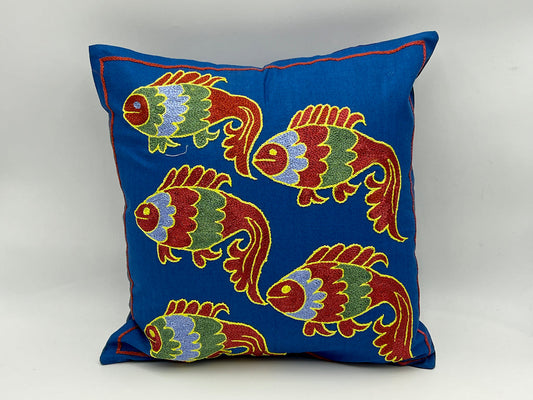 Suzani Cotton Pillow 50x50 CM 20"x20" - Blue Fish