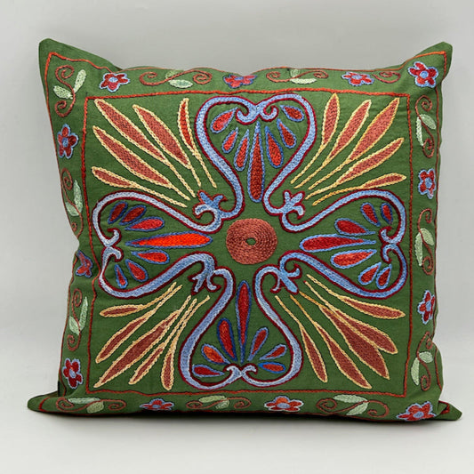 Suzani Cotton Pillow 50x50 CM 20"x20" - 4 Corners Sage