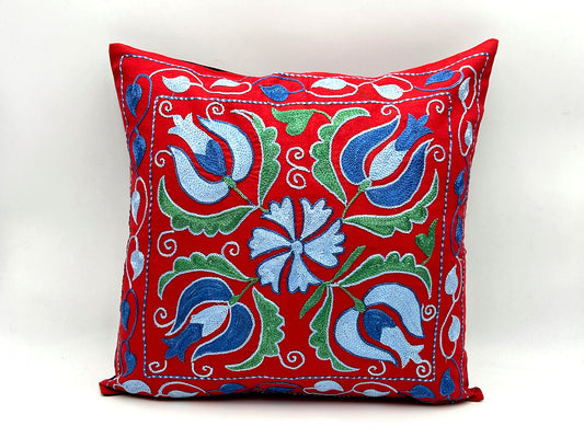 Suzani Cotton Pillow 50x50 CM 20"x20" - Red Sky Tulips