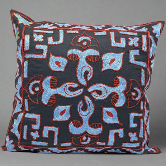 Suzani Cotton Pillow 50x50 CM 20"x20" - Black Red Corners