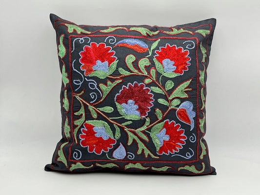 Suzani Cotton Pillow 50x50 CM 20"x20" - Black in Bloom