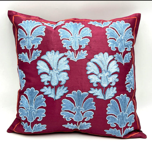 Suzani Silk Pillow Cover Handmade Cushion Cover - Sky Carnation Wine