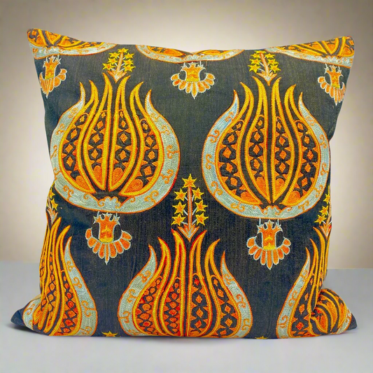 silk embroidery cushion cover ikat fabric handmade pillow turkish pillow uzbek pillow accent pillows lumina eligma black orange tulip motif lale