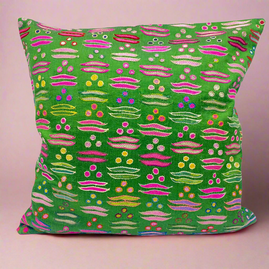 laurel green silk embroidery cushion cover ikat fabric handmade pillow turkish pillow uzbek pillow accent pillows lumina eligma pink green fuchsia