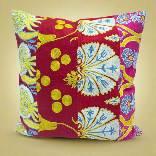 silk embroidery cushion cover ikat fabric handmade pillow turkish pillow uzbek pillow accent pillows lumina eligma patchwork red yellow blue fuschia